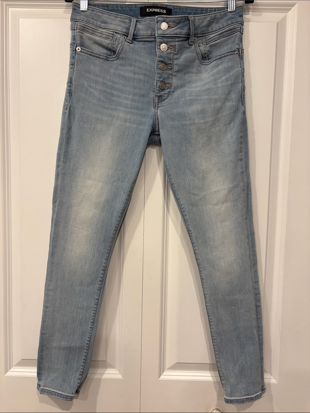 Express Light Blue High-Rise Button-Fly Skinny Jeans Size 10R